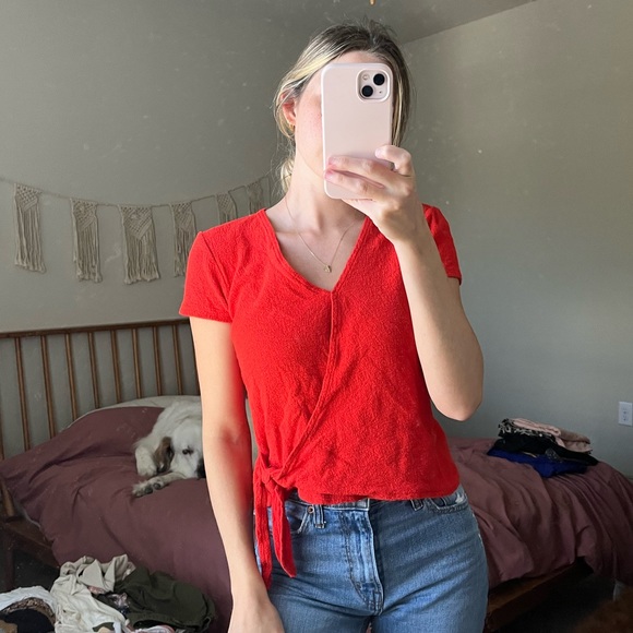 SOLD ON CROSSPOST Madewell 100% cotton bright red faux wrap blouse - Picture 2 of 8
